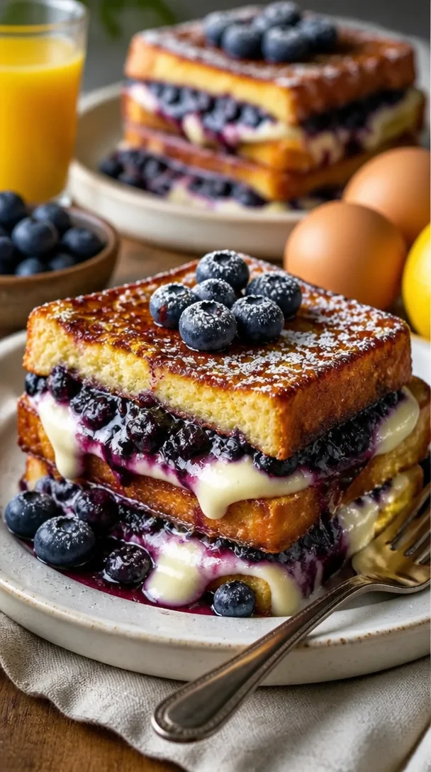 Blaubeer-Cheesecake-gefüllter French Toast mit frischen Blaubeeren und Puderzucker
