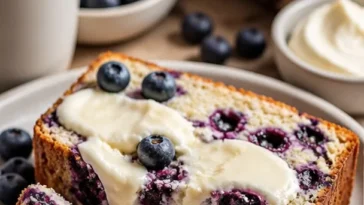 Leckeres Blaubeer-Frischkäse-Brot auf einem Tisch serviert.