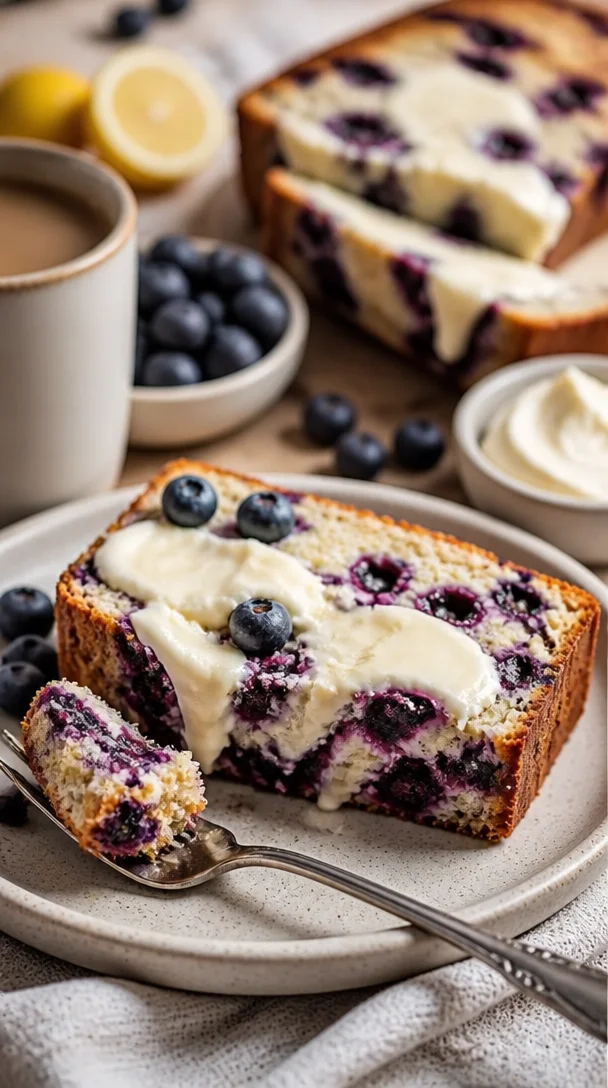 Leckeres Blaubeer-Frischkäse-Brot auf einem Tisch serviert.