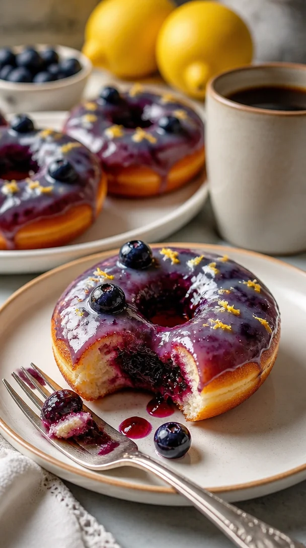 Blaubeer-Glasur Donuts mit frischen Beeren dekoriert
