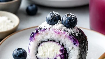 Blaubeer-Käsekuchen-Sushi-Rollen auf einem Teller