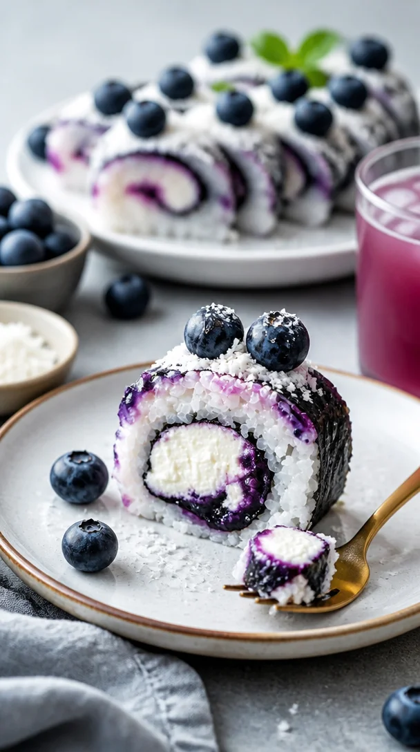 Blaubeer-Käsekuchen-Sushi-Rollen auf einem Teller