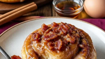 Bourbon-Ahornspeck-Zimtschnecken frisch aus dem Ofen