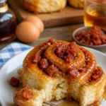 Bourbon-Mandel-Maple-Bacon-Zimtschnecken auf einem Teller serviert