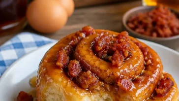 Bourbon-Mandel-Maple-Bacon-Zimtschnecken auf einem Teller serviert