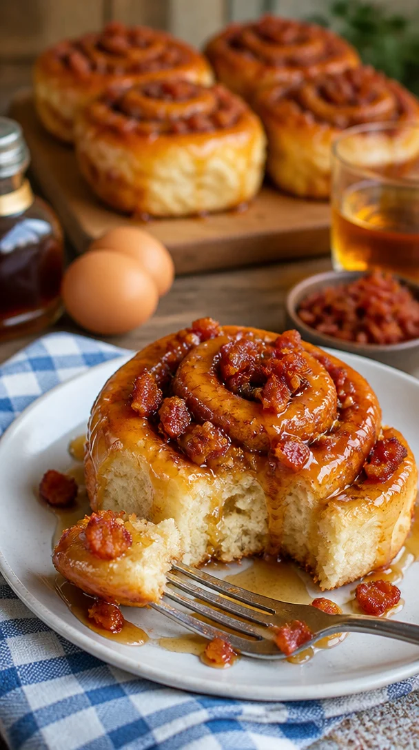 Bourbon-Mandel-Maple-Bacon-Zimtschnecken auf einem Teller serviert