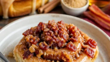 Bourbon-Maple-Bacon-Zimtschnecken, frisch gebacken mit Speck und Ahornsirup