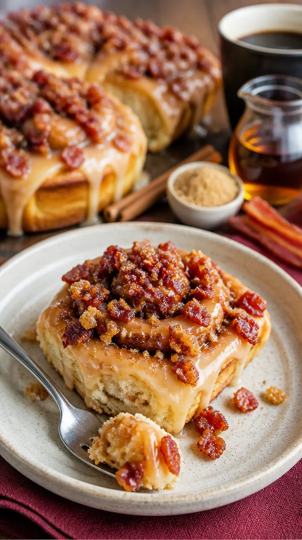 Bourbon-Maple-Bacon-Zimtschnecken, frisch gebacken mit Speck und Ahornsirup