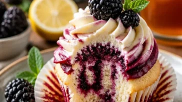Brombeer-Schnecken-Cupcakes mit frischen Beeren und Zuckerglasur