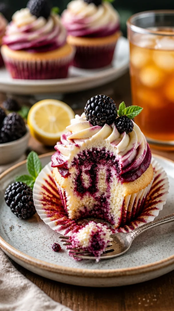 Brombeer-Schnecken-Cupcakes mit frischen Beeren und Zuckerglasur
