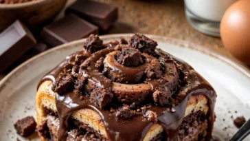 Leckere Brownie-Teig Zimtschnecken frisch gebacken und dekoriert.