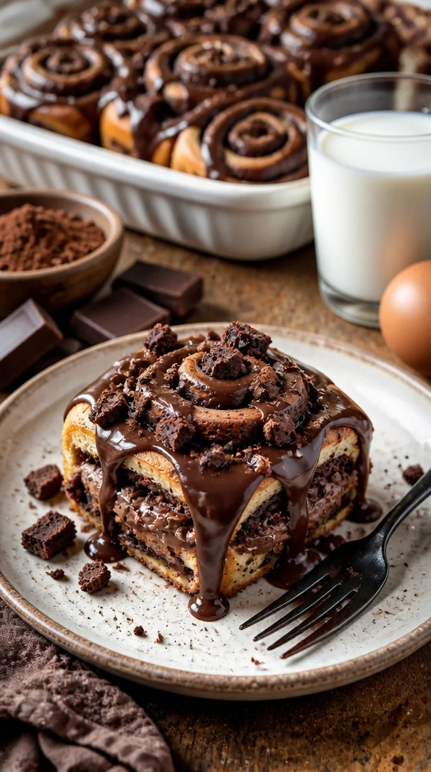 Leckere Brownie-Teig Zimtschnecken frisch gebacken und dekoriert.