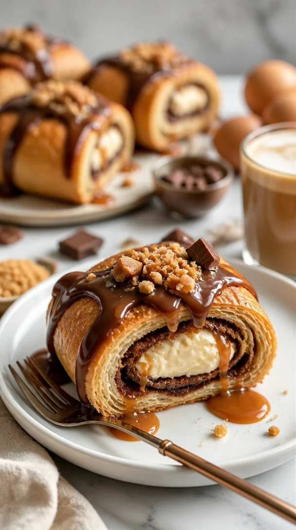 Leckere Cheesecake-Rollen mit Karamell-Crunch auf einem Teller