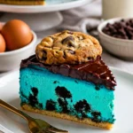 Cookie Monster Cheesecake mit Keksstückchen und einer cremigen Schicht.