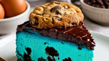 Cookie Monster Cheesecake mit Keksstückchen und einer cremigen Schicht.