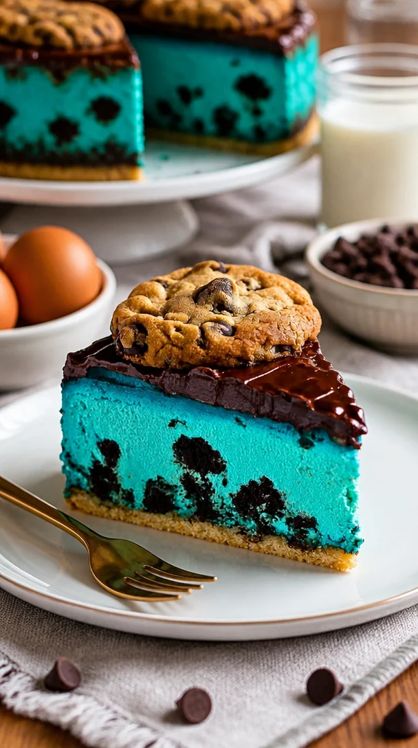 Cookie Monster Cheesecake mit Keksstückchen und einer cremigen Schicht.