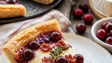 Cranberry-Brie-Tarte mit goldbraunem Teig und frischen Cranberries auf einem Teller