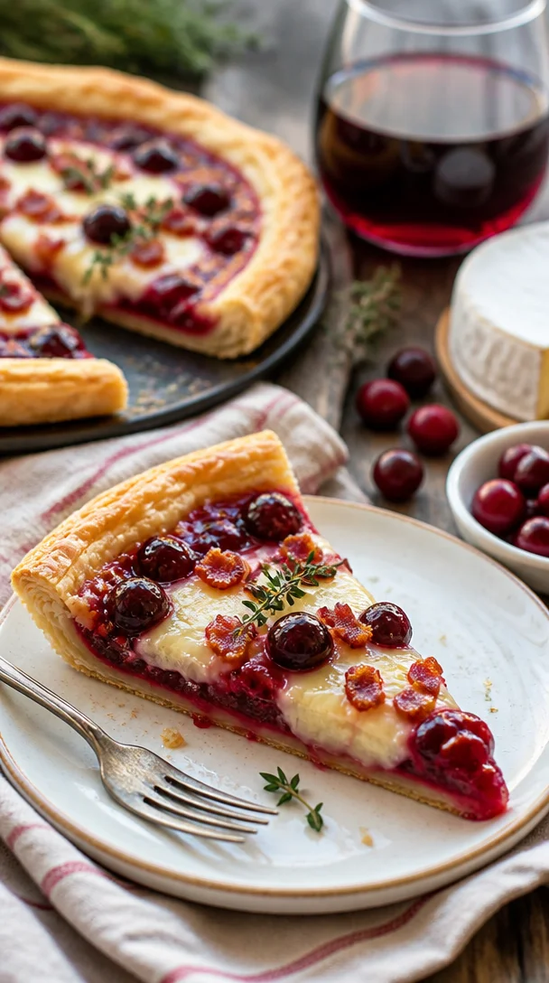 Cranberry-Brie-Tarte mit goldbraunem Teig und frischen Cranberries auf einem Teller