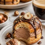 Leckere Creme-Puff-Ringe mit Haselnusscreme auf einem Teller