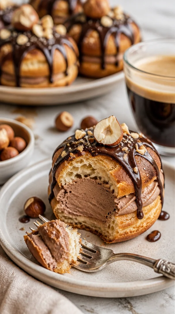 Leckere Creme-Puff-Ringe mit Haselnusscreme auf einem Teller