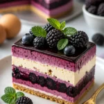 Dekadente Brombeer-Opera-Torte auf elegantem Teller serviert.