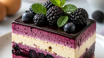 Dekadente Brombeer-Opera-Torte auf elegantem Teller serviert.