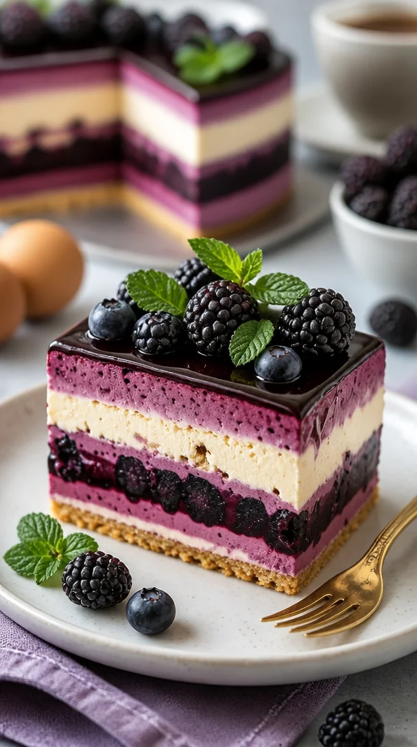 Dekadente Brombeer-Opera-Torte auf elegantem Teller serviert.