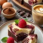 Dekadente herzförmige Himbeer-Käsekuchen-Brownies auf einem Teller