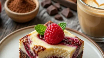 Dekadente herzförmige Himbeer-Käsekuchen-Brownies auf einem Teller
