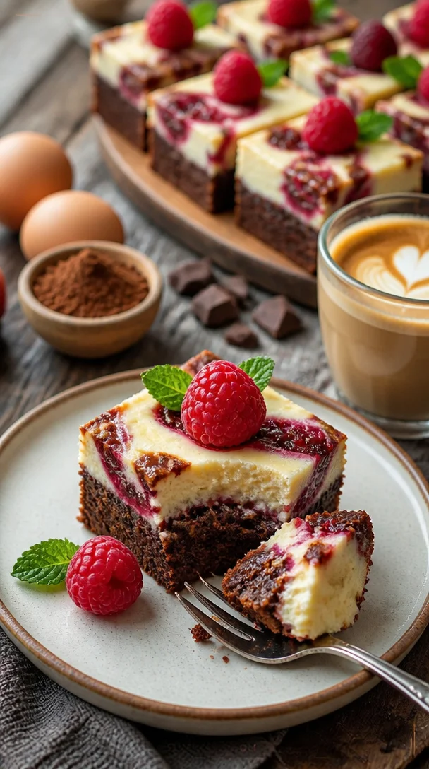 Dekadente herzförmige Himbeer-Käsekuchen-Brownies auf einem Teller
