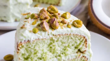 Dekadenter Kokosnuss-Pistazien-Puddingkuchen auf einem Teller