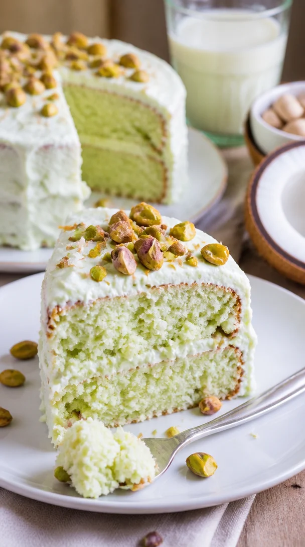 Dekadenter Kokosnuss-Pistazien-Puddingkuchen auf einem Teller