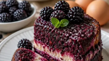 Saftiger Brombeer-Velvet-Kuchen mit frischen Beeren und samtiger Creme