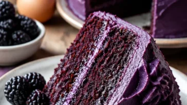 Saftiger Brombeer-Velvet-Kuchen auf einem Teller serviert