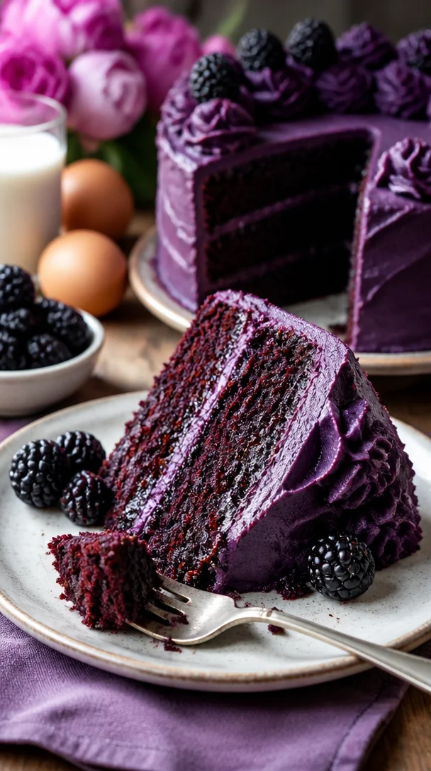 Saftiger Brombeer-Velvet-Kuchen auf einem Teller serviert