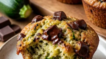 Dichte Schokoladenstückchen-Zucchini-Muffins frisch gebacken
