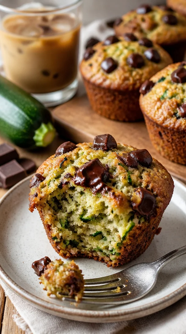 Dichte Schokoladenstückchen-Zucchini-Muffins frisch gebacken