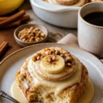 Bananenpudding-Zimtschnecken mit Vanille-Glück auf einem Teller