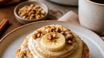 Bananenpudding-Zimtschnecken mit Vanille-Glück auf einem Teller