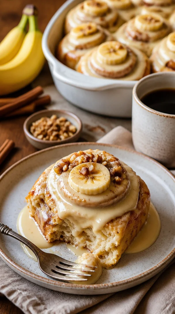 Bananenpudding-Zimtschnecken mit Vanille-Glück auf einem Teller