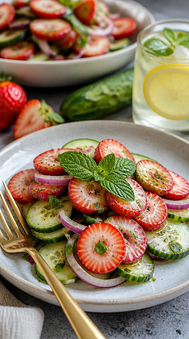 Erfrischender Gurken-Erdbeer-Salat mit frischen Zutaten.