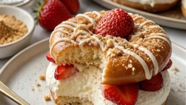 Donuts gefüllt mit Erdbeerkäsekuchenfüllung, appetitlich angerichtet.