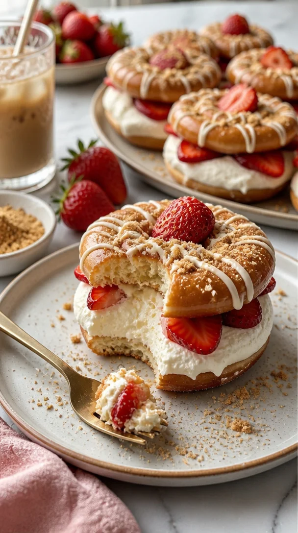 Donuts gefüllt mit Erdbeerkäsekuchenfüllung, appetitlich angerichtet.
