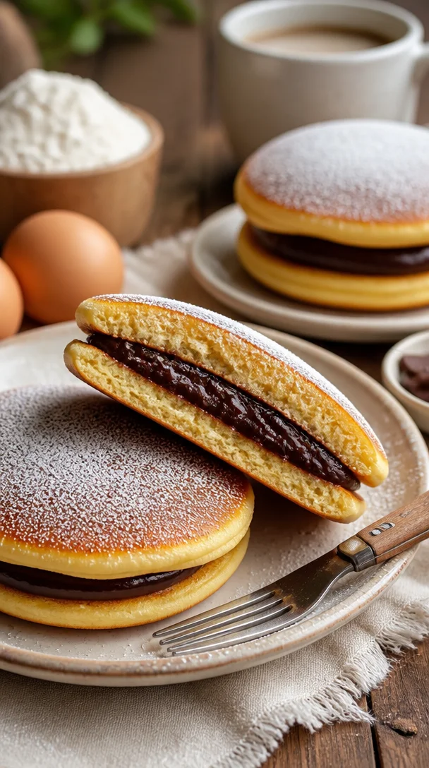 Leckeres Dorayaki mit süßer Füllung auf einem Teller