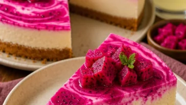 Drachenfrucht Käsekuchen mit einer bunten Drachenfrucht-Dekoration