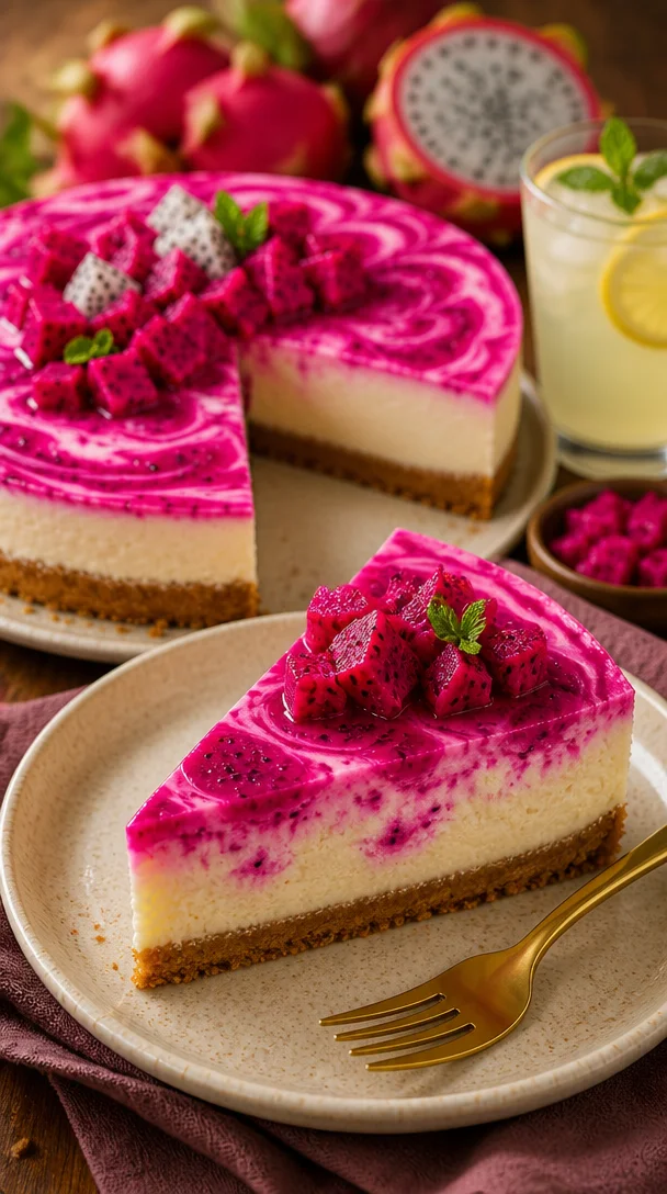 Drachenfrucht Käsekuchen mit einer bunten Drachenfrucht-Dekoration