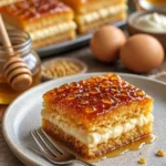 Echter deutscher Bienenstichkuchen mit Mandeln und Sahnefüllung auf einem Tisch