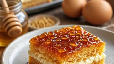Echter deutscher Bienenstichkuchen mit Mandeln und Sahnefüllung auf einem Tisch