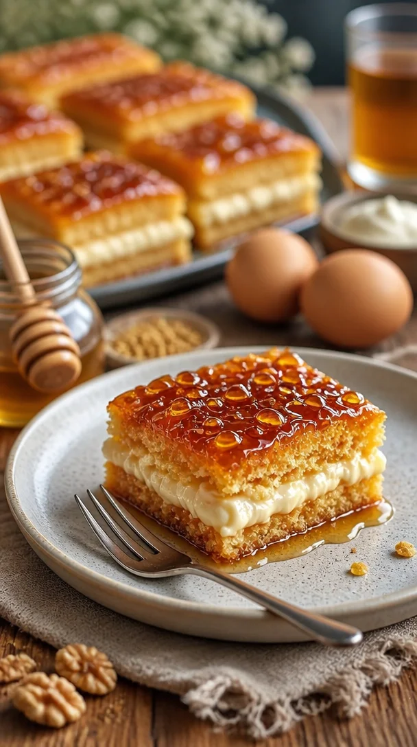 Echter deutscher Bienenstichkuchen mit Mandeln und Sahnefüllung auf einem Tisch