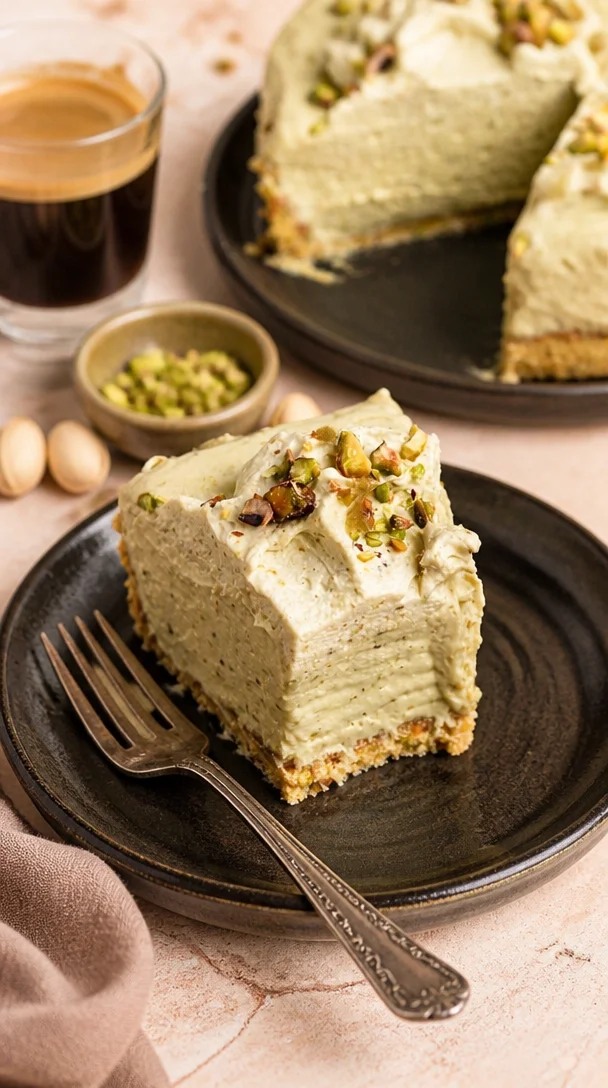 Cremiger No-Bake Pistaziencheesecake mit grüner Pistazien-Dekoration